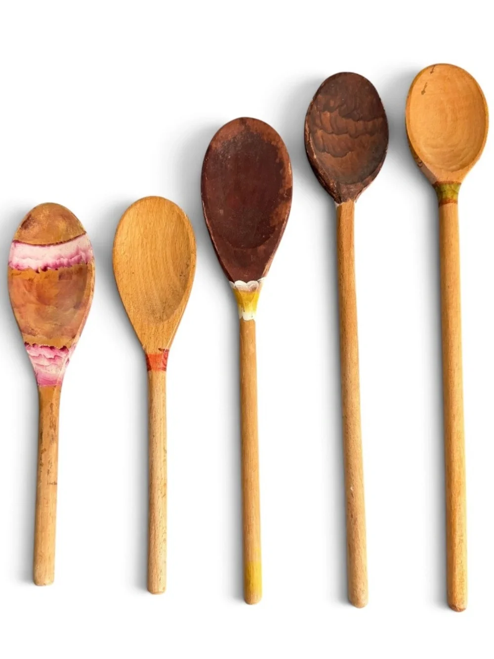 Vintage Set of 5 Hand Painted Wooden Spoons Folk Art Whimsical Character Faces
